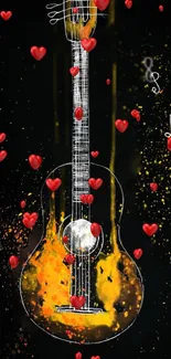 Guitar wallpaper with hearts and vibrant colors on black background.