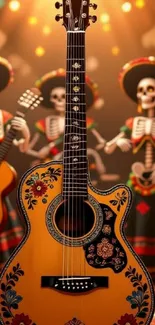 Colorful guitar and skeletons in festive attire.