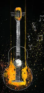 Artistic guitar on black background with music notes and vibrant splashes.