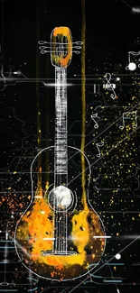 Vibrant guitar wallpaper with orange splashes and musical notes on black background.