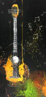 Vibrant abstract guitar with colorful notes and splashes on a black background.