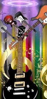 Vibrant artistic wallpaper featuring guitars and musical elements.