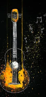 Vibrant guitar art with music notes on a dark background, perfect for mobile wallpaper.