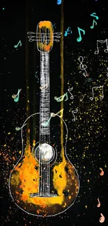 Abstract guitar art with vibrant colors and musical notes on a dark background.