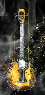 Vibrant guitar art wallpaper with colorful splashes on a black background.