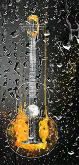 Colorful abstract guitar art wallpaper with music notes on dark background.