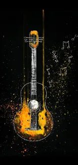 Vibrant artistic guitar with music notes on a dark background.