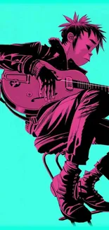 Digital art of a guitarist in neon teal and pink hues on mobile wallpaper.