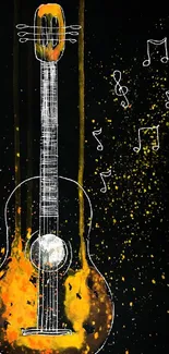 Vibrant guitar art wallpaper with musical notes and orange splashes on black.