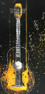 Artistic guitar wallpaper with yellow notes.