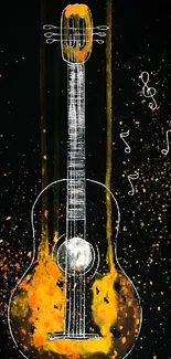 Vibrant abstract guitar with musical notes on black background.