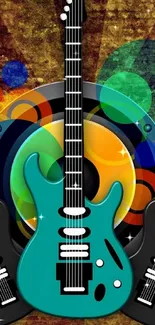 Vibrant teal guitar art wallpaper with colorful design.