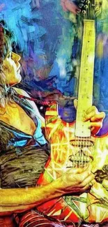 Artistic painting of a musician playing a vibrant electric guitar.