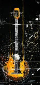 Colorful abstract guitar with musical notes on a dark background.