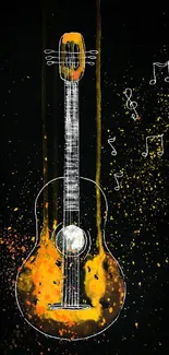 Artistic guitar with vibrant notes on a black background.