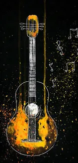 Artistic guitar with vibrant notes on black background.