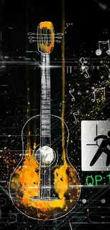 Vibrant guitar design with musical notes on a black background.