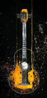 Colorful guitar art with musical notes on a dark background.