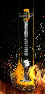 Abstract guitar art with musical notes on a black background with orange accents.