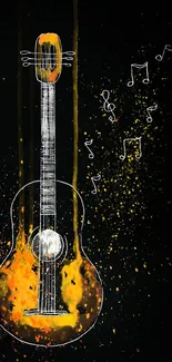 Abstract guitar artwork with black background and vibrant colors.