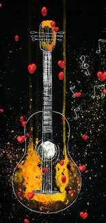 Dynamic guitar art with splashes of vibrant colors and musical notes on black backdrop.