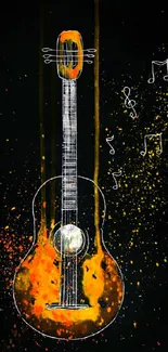 Vibrant guitar art wallpaper with musical notes and splashes of color.