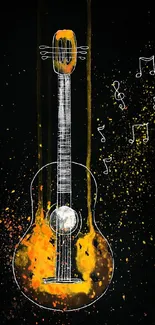 Abstract guitar illustration with musical notes on black background.