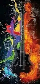 Guitar with vibrant fiery and colorful splash design on black background.