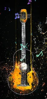 Abstract guitar art with vibrant colors and musical notes on black background.