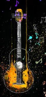 Artistic guitar wallpaper with colorful splashes on black background.