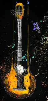 Artistic guitar with colorful notes on black backdrop.