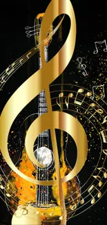 Artistic mobile wallpaper with a vibrant guitar and musical notes.