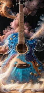 Blue guitar surrounded by swirling smoke.