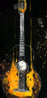 Artistic guitar with music notes and bold orange tones.