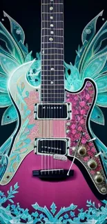 Vibrant artistic guitar design in colorful mobile wallpaper.