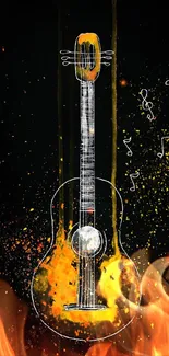 Artistic guitar wallpaper with vibrant yellow and musical notes on a black background.