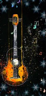 Colorful guitar illustration with vibrant notes on black background.