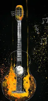 Artistic wallpaper with vibrant guitar and musical notes.