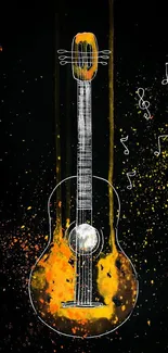 Vibrant guitar art with music notes and fiery colors on a black background.