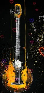 Vibrant guitar with neon notes and hearts on black background.