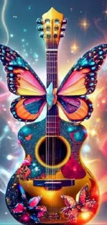 Colorful guitar with butterfly wings mobile wallpaper.