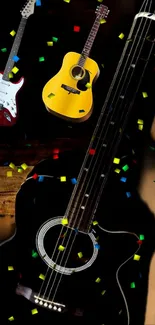 Colorful guitars with confetti in a lively, musical mobile wallpaper.