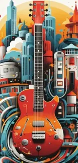 Orange guitar with futuristic cityscape art.