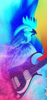 Vibrant fantasy art wallpaper with guitars and a colorful rooster.