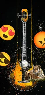 Guitar with tiger and emojis on an artistic orange theme background.