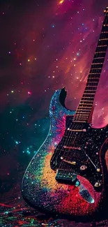 Vibrant electric guitar with galaxy background.