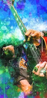 Abstract colorful guitar player artwork in vibrant style.