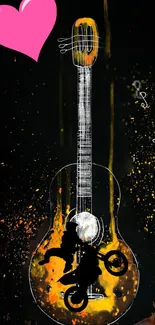 Guitar illustration with heart and music notes in vibrant colors.