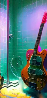 Neon-lit guitar in a sleek tile shower scene.