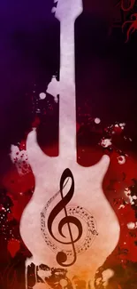 Vibrant guitar with musical notes on colorful abstract background.